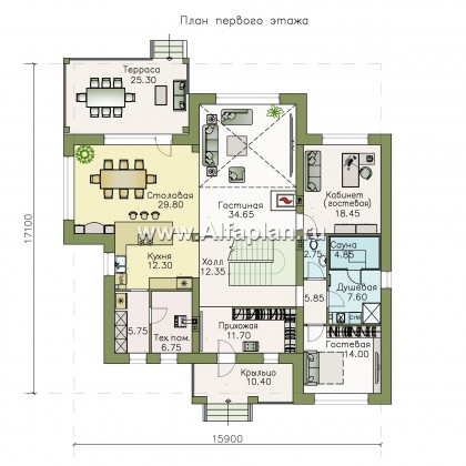 «Неман» - проект двухэтажного дома, особняк с двусветной гостиной, с террасой - превью план дома