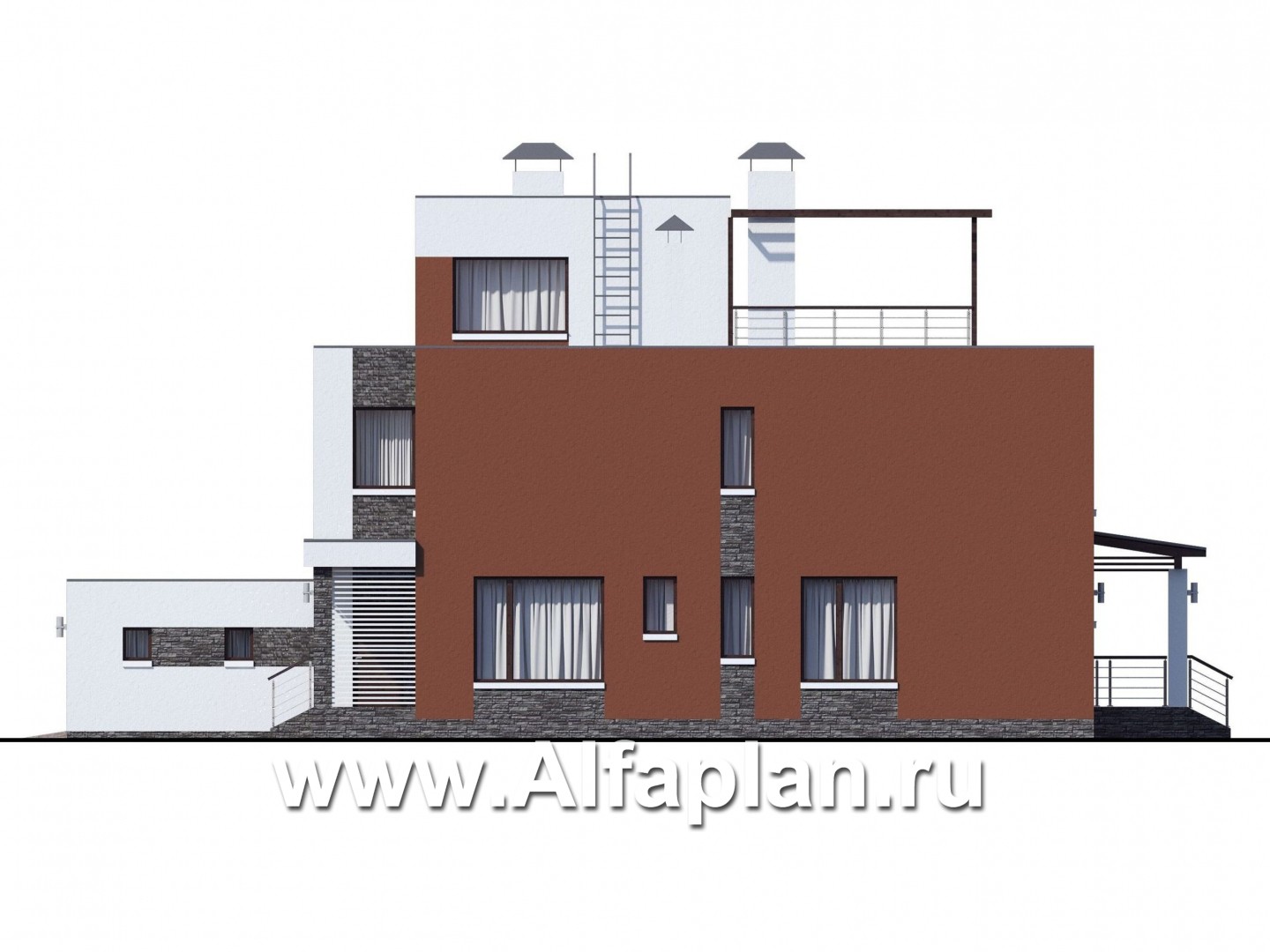Проекты домов Альфаплан - «Альстер» — трехэтажный коттедж с гаражом и эксплуатируемой кровлей - изображение фасада №2