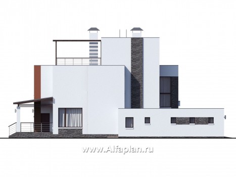 Проекты домов Альфаплан - «Альстер» — трехэтажный коттедж с гаражом и эксплуатируемой кровлей - превью фасада №3