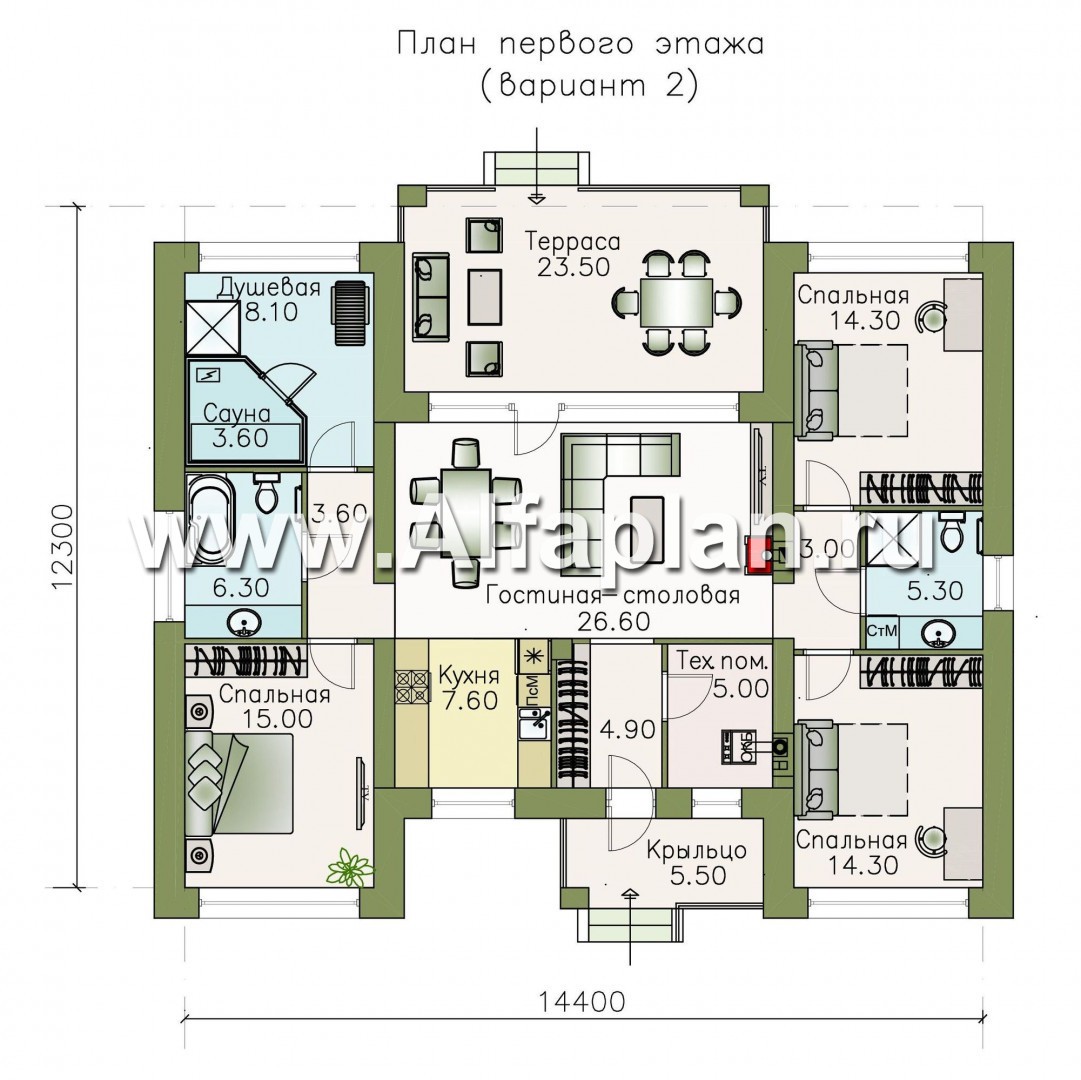 Проекты домов Альфаплан - «Леда» - одноэтажный дом с четырьмя комнатами и террасой - изображение плана проекта №2