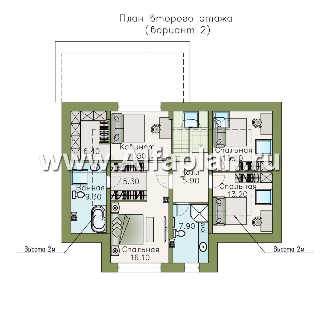 Проекты домов Альфаплан - «Кассиопея» - мансардный коттедж с 5-ю спальнями, или 4-е спальни + сауна - план проекта №4