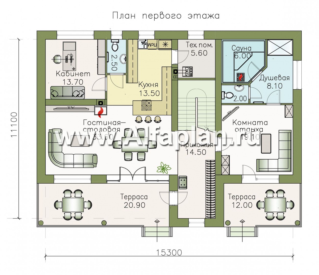Проекты домов Альфаплан - «Гоген» - коттедж с эксплуатируемой кровлей - изображение плана проекта №1