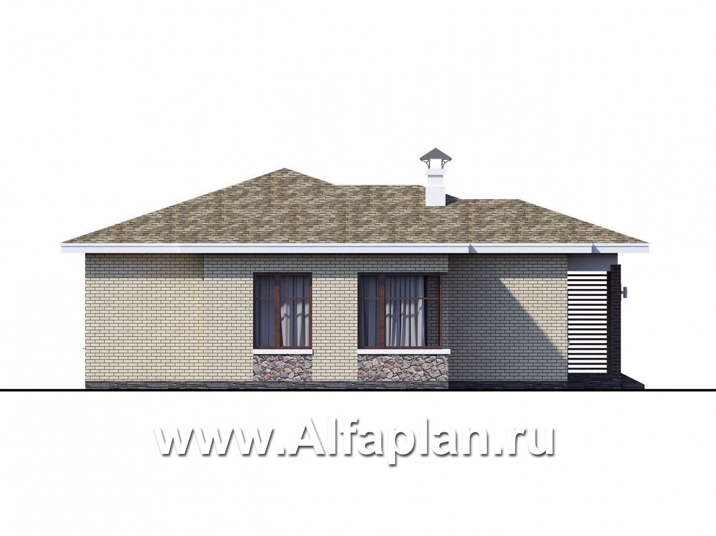 Проекты домов Альфаплан - Проект одноэтажного дома с угловыми окнами - изображение фасада №3