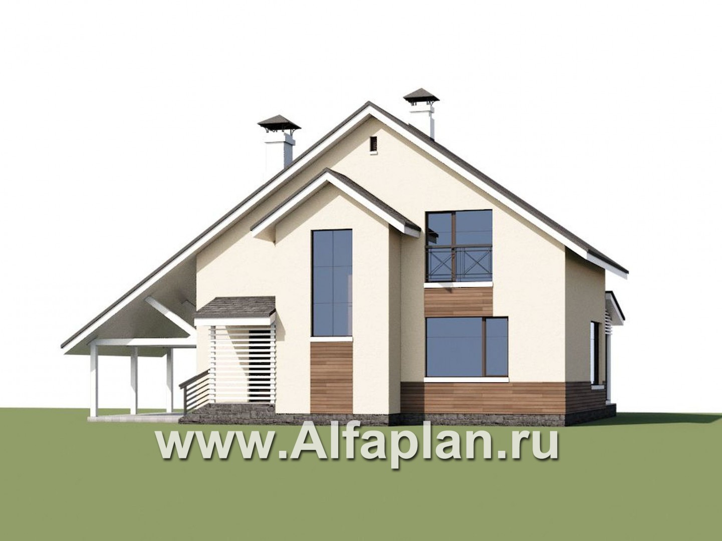 Проекты домов Альфаплан - «Реалист» - загородный дом с верандой и навесом для машины - дополнительное изображение №1
