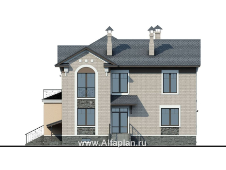 Проекты домов Альфаплан - «Голицын» - коттедж с двусветной гостиной и цоколем - превью фасада №4