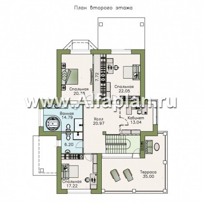 «Вяземский» - проект двухэтажного дома, с двусветной столовой и с террасой и балконом, удобная планировка - превью план дома
