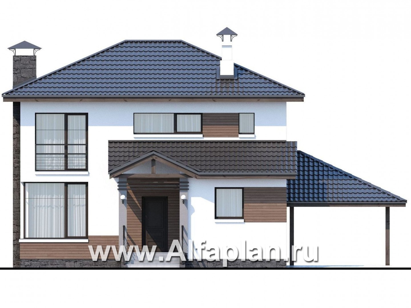 Проекты домов Альфаплан - Кирпичный дом «Карат» с гаражом навесом - изображение фасада №1