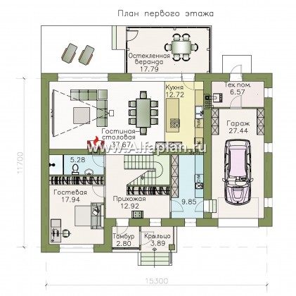 Проекты домов Альфаплан - «Седьмая высота» - современный коттедж с гаражом и просторной верандой - превью плана проекта №1