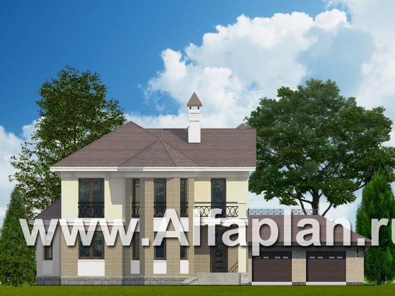 Проекты домов Альфаплан - «Классика»- двухэтажный особняк с эркером и гаражом на два автомобиля - основное изображение