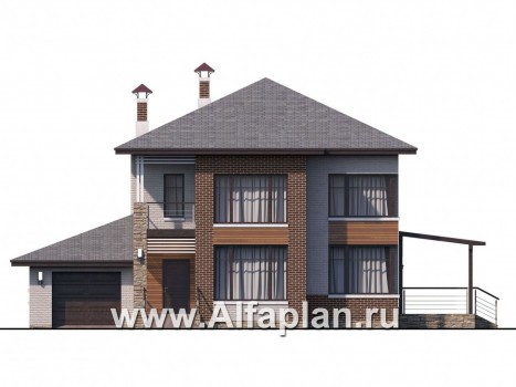 Проекты домов Альфаплан - «Печора» - стильный двухэтажный коттедж с гаражом - превью фасада №1