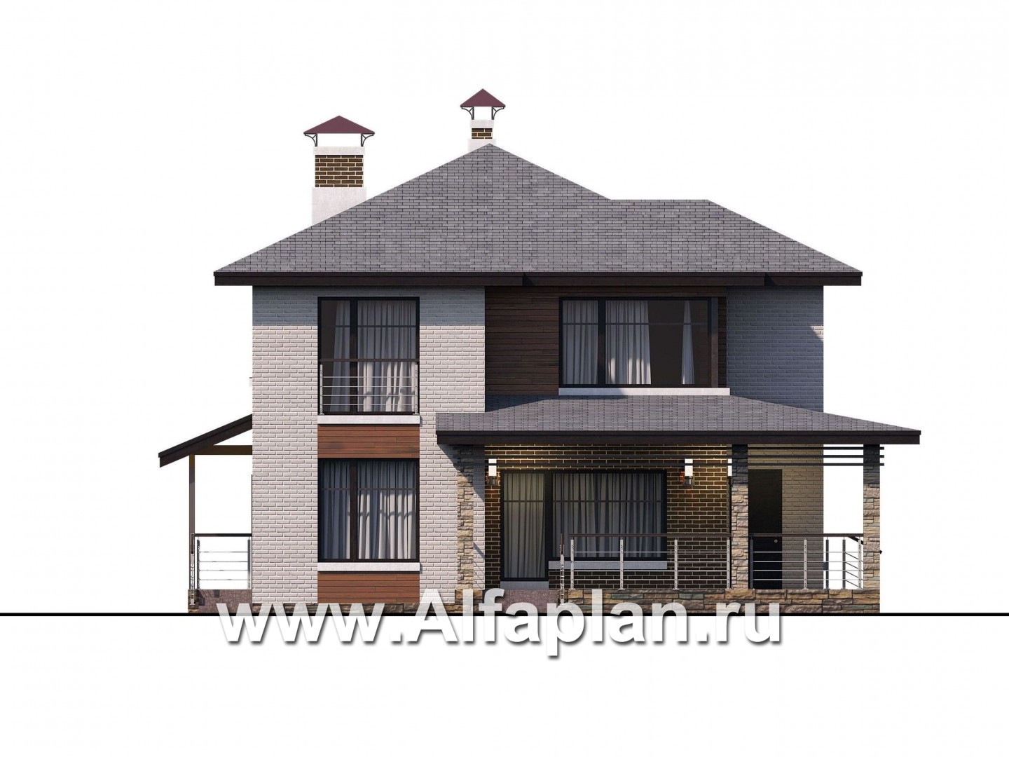 Проекты домов Альфаплан - «Квантум» - современный двухэтажный дом с большой террасой - изображение фасада №3