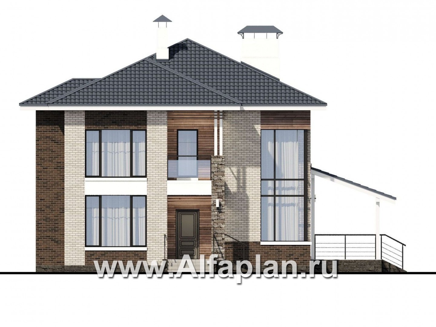 Проекты домов Альфаплан - «Роман с камнем» — двухэтажный коттедж со вторым светом - изображение фасада №1