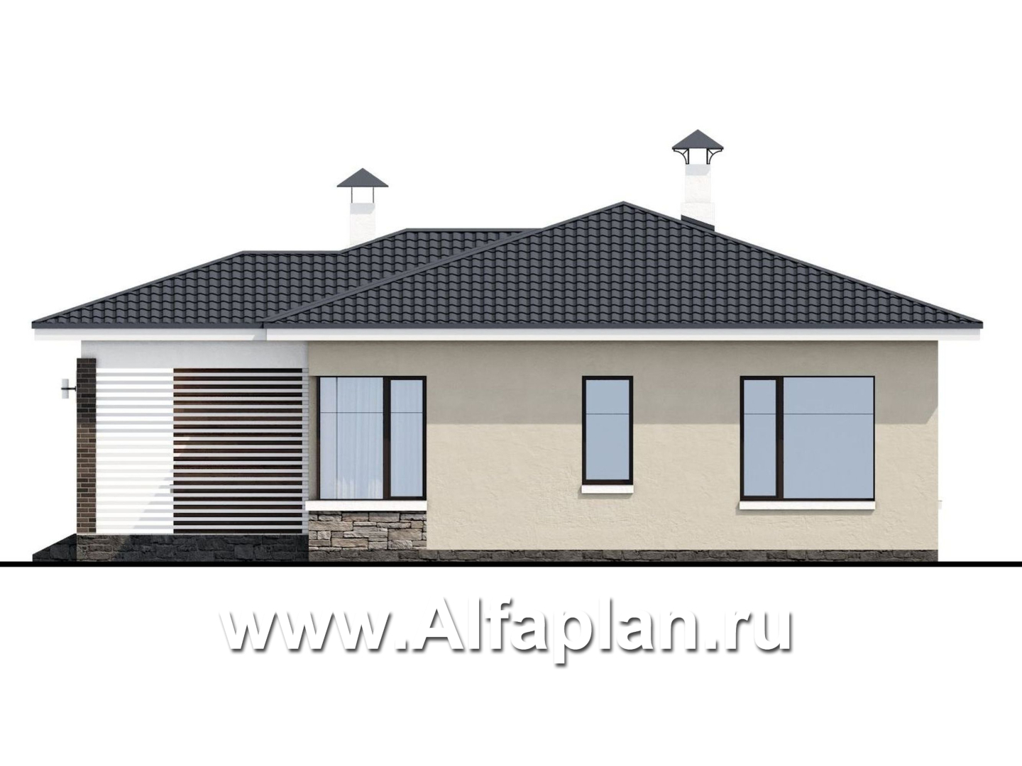 Проекты домов Альфаплан - «Аэда»- небольшой одноэтажный дом с двумя спальнями - изображение фасада №2