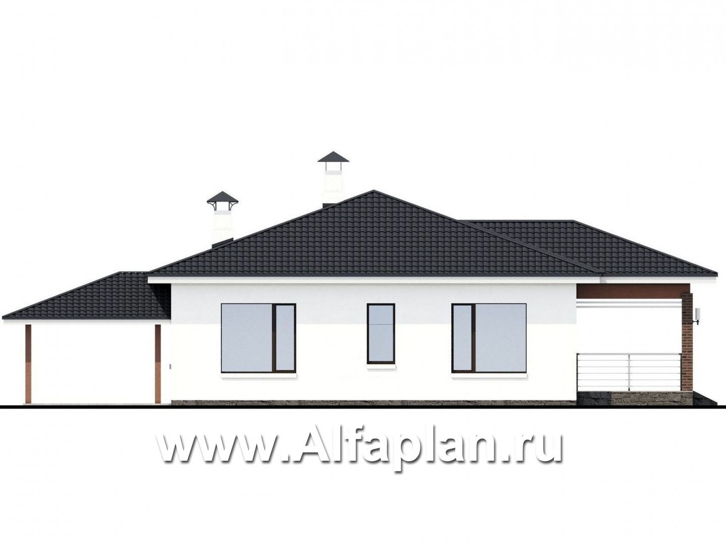 Проекты домов Альфаплан - «Гемера» - стильный одноэтажный дом с эркером и гаражом-навесом - изображение фасада №4
