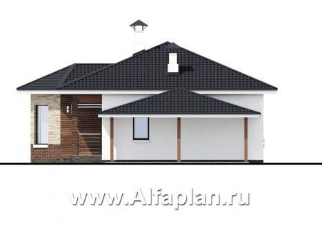 Проекты домов Альфаплан - «Гемера» - стильный одноэтажный дом с эркером и гаражом-навесом - превью фасада №2