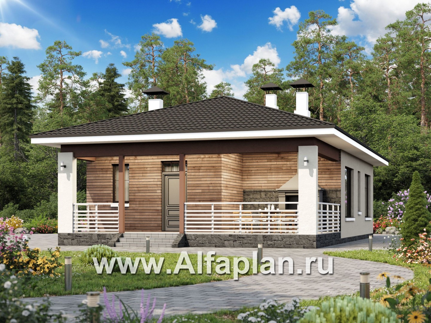 Проекты домов Альфаплан - «Мелета» - уютный одноэтажный дом с двумя спальнями - основное изображение