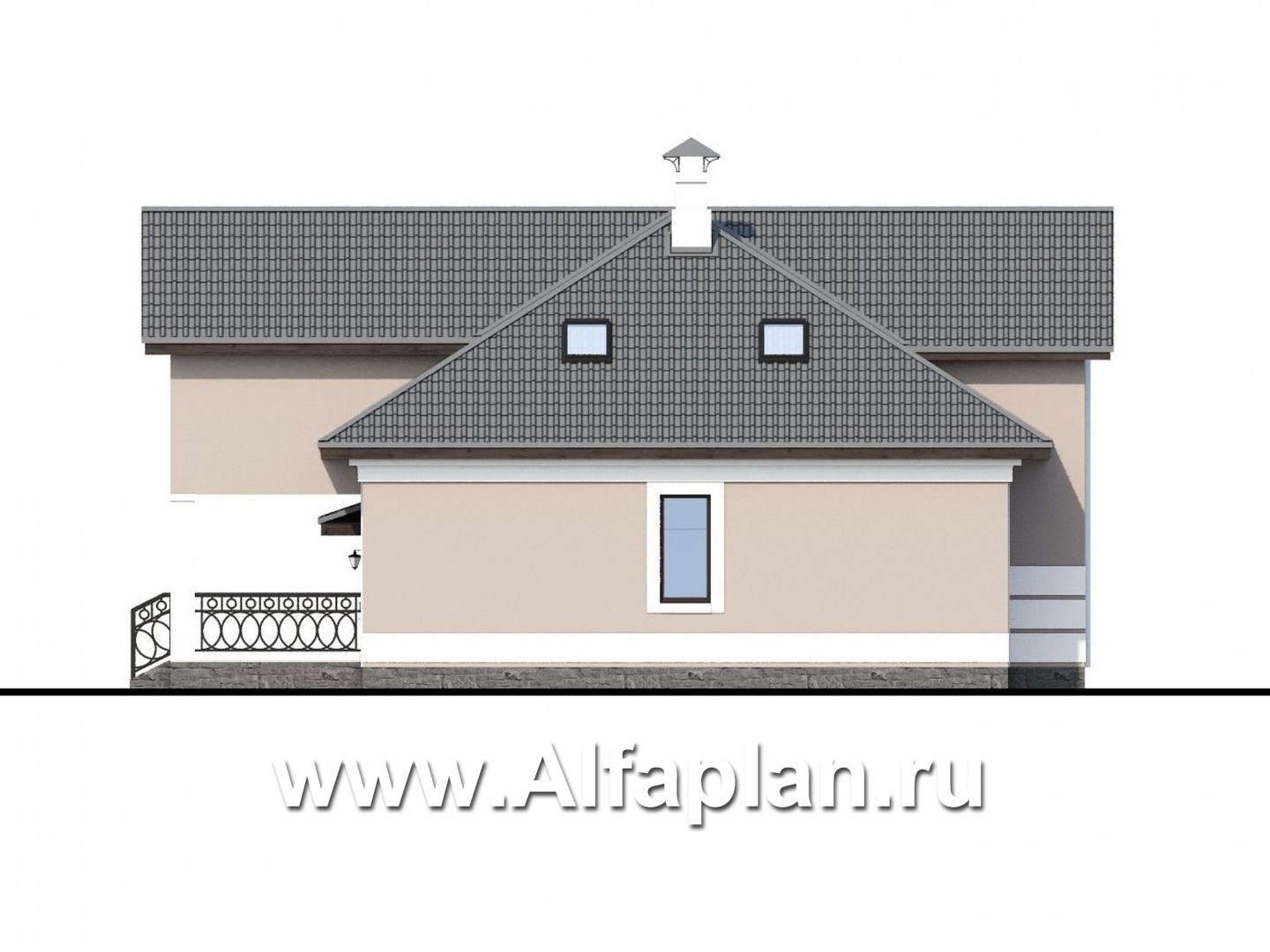 Проекты домов Альфаплан - «Волга» - коттедж с 3-я жилыми комнатами на 1 этаже, жилой мансардой и гаражом - изображение фасада №3