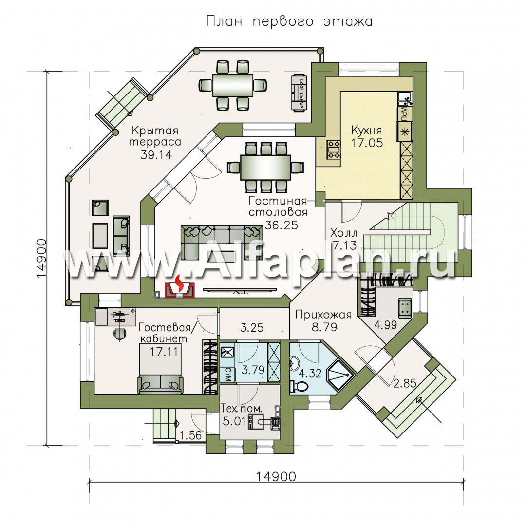 Проекты домов Альфаплан - «Махаон» - эксклюзивный дом с диагональным построением - план проекта №1