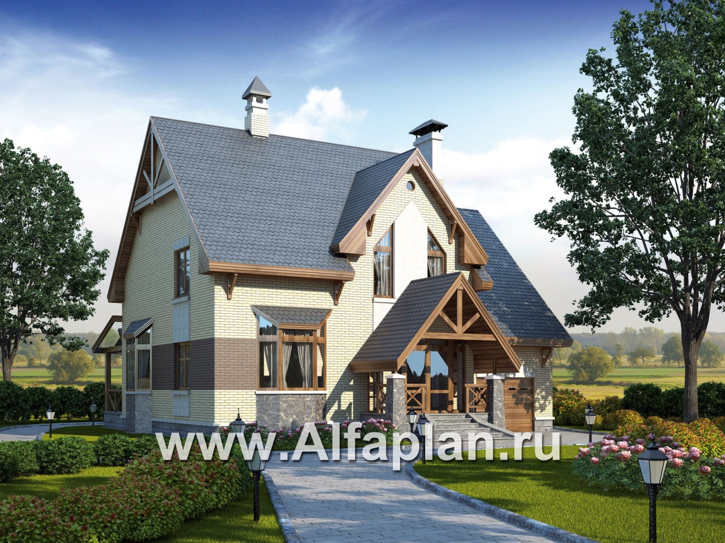 Проекты домов Альфаплан - «Норд» - проект двухэтажного загородного дома с гаражом и террасой - основное изображение