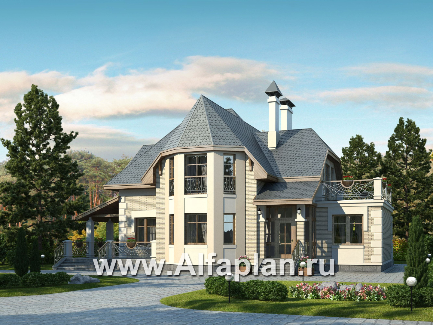 Проекты домов Альфаплан - «Шереметьев» - проект дома с большой открытой террасой - основное изображение