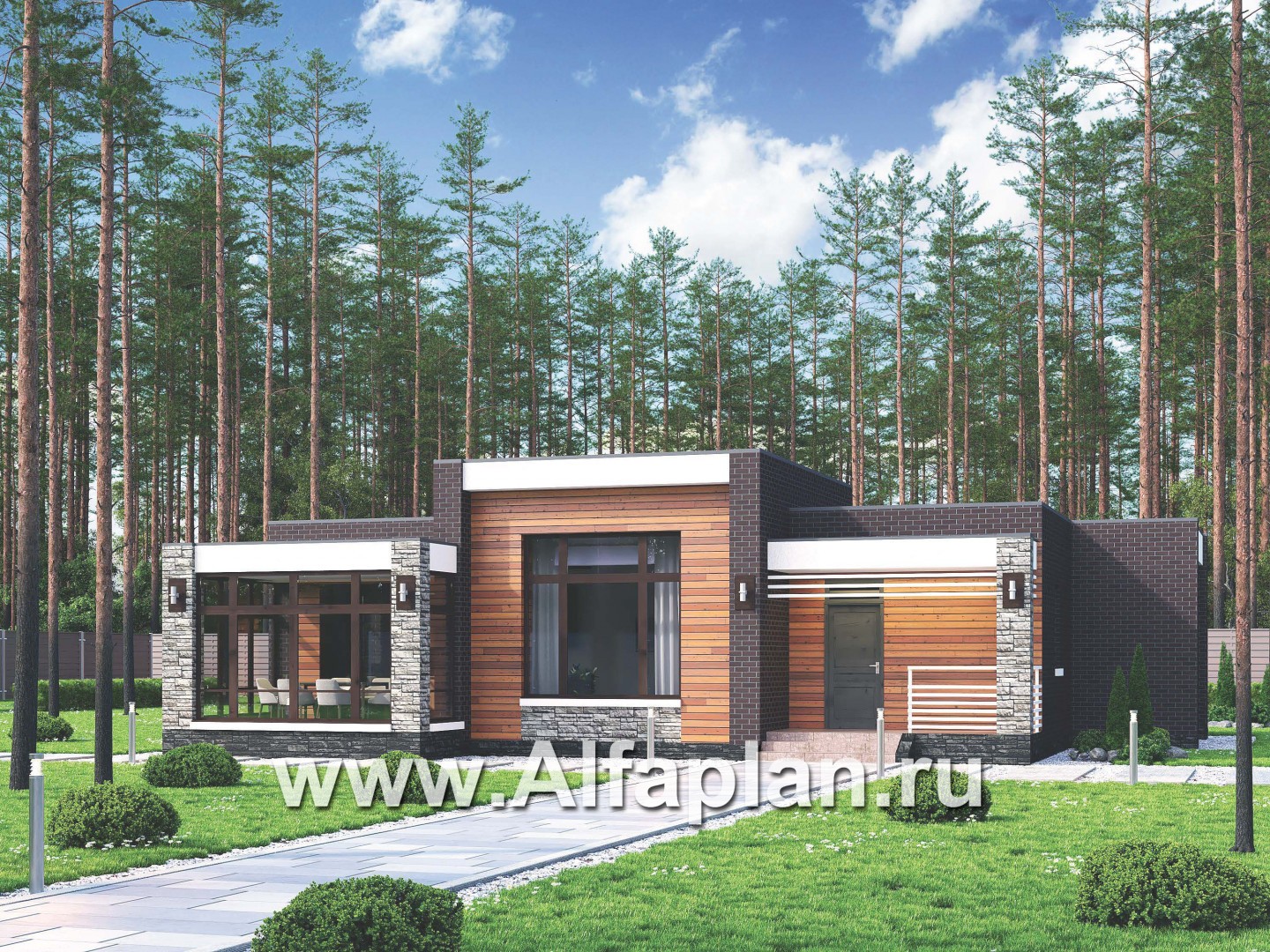 Проекты домов Альфаплан - «Эрато» — одноэтажный дом с плоской кровлей - основное изображение