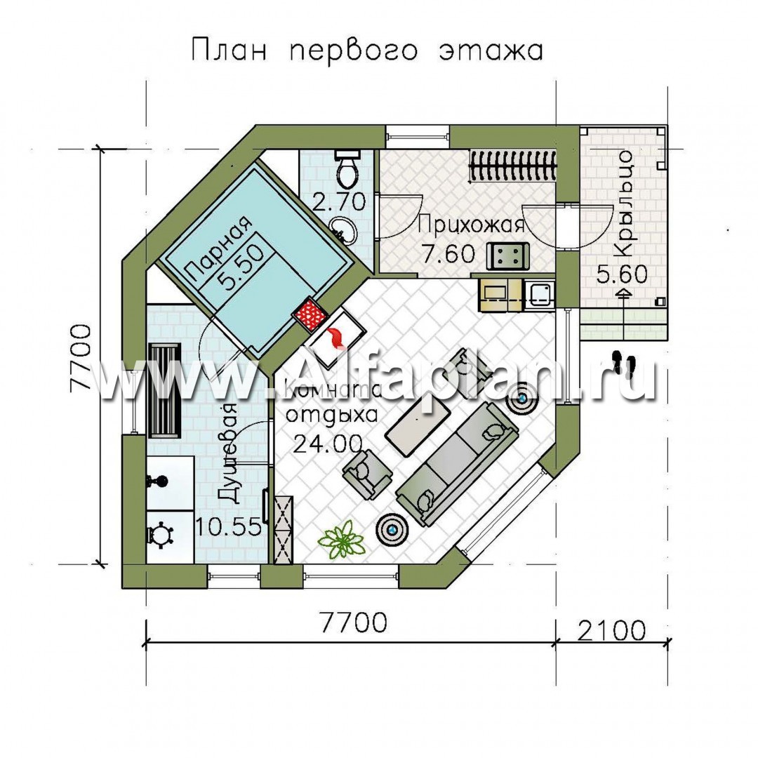 Проекты домов Альфаплан - «Кристалл» - современная угловая баня - план проекта №1