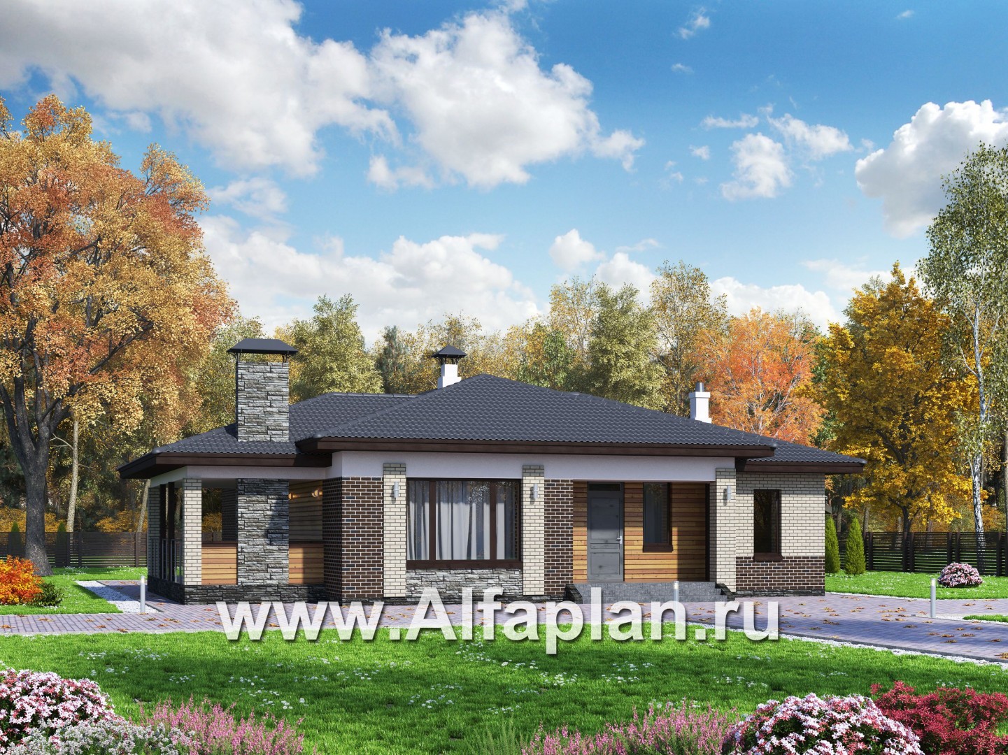 Проекты домов Альфаплан - «Юкон» - просторный одноэтажный коттедж с террасой - основное изображение
