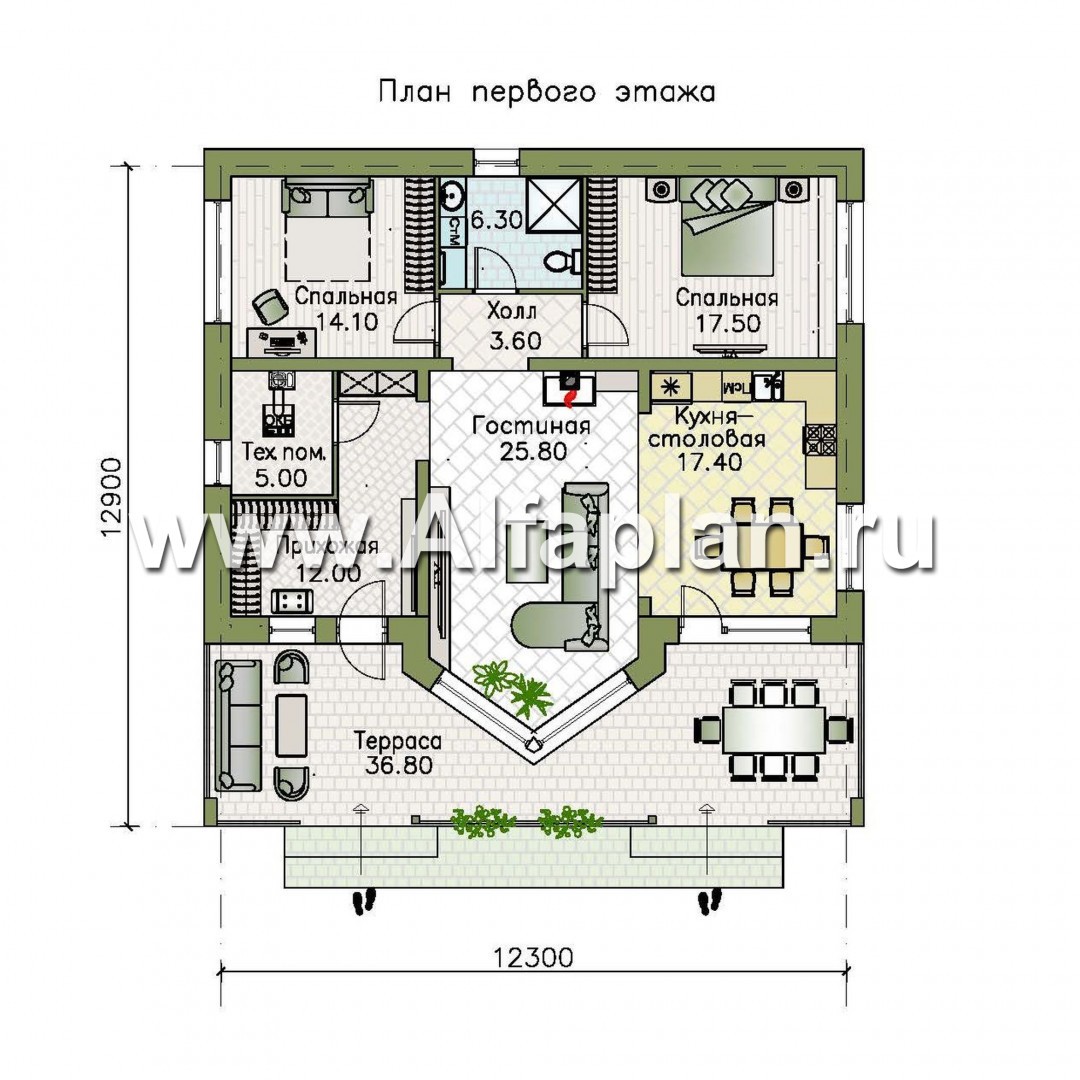 Проекты домов Альфаплан - «Вектор» - проект стильного одноэтажного дома с удобной планировкой - изображение плана проекта №1