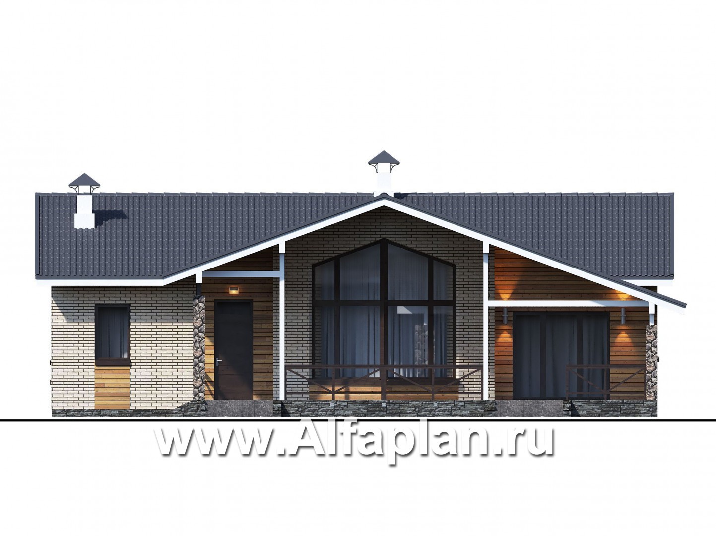 Проекты домов Альфаплан - «Вектор» - одноэтажный дом с большим остеклением гостиной - изображение фасада №1