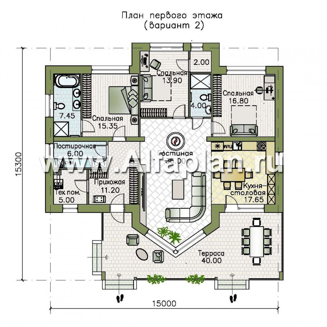 Проекты домов Альфаплан - «Вектор» - одноэтажный дом с большим остеклением гостиной - изображение плана проекта №2
