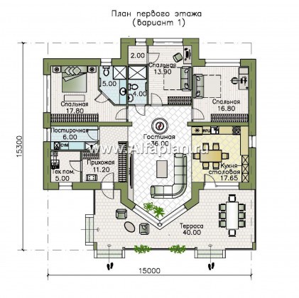 Проекты домов Альфаплан - «Вектор» - одноэтажный дом с большим остеклением гостиной - превью плана проекта №1