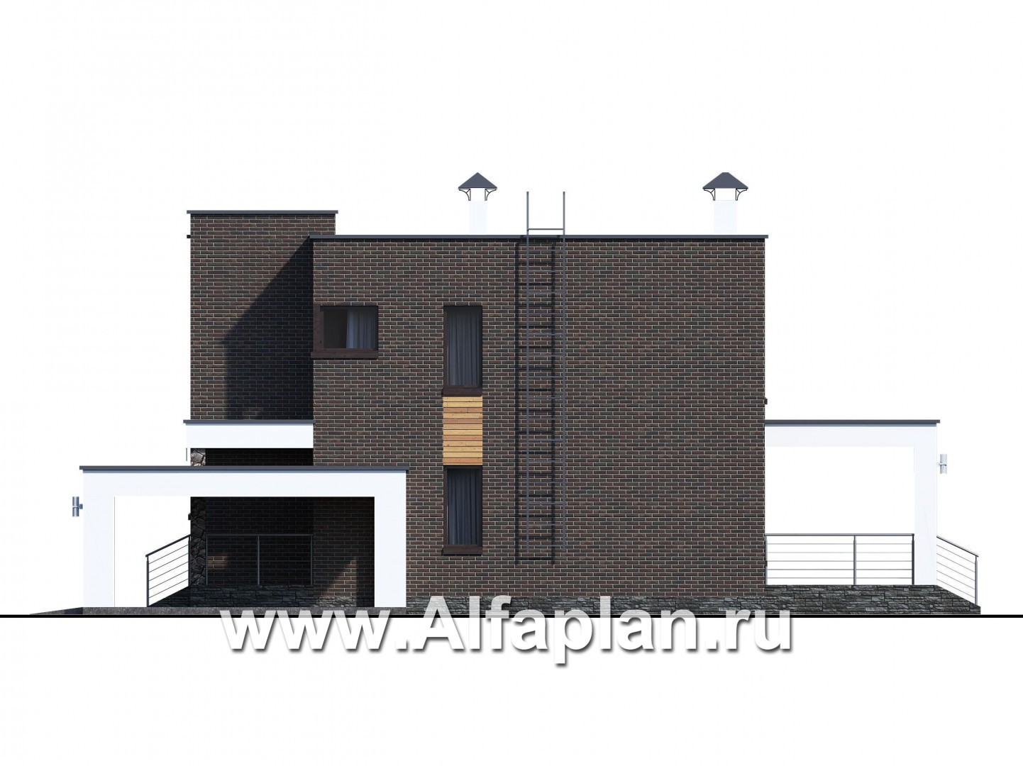 Проекты домов Альфаплан - «Эрго» - проект двухэтажного дома с плоской кровлей 10х10м, с гаражом-навесом - изображение фасада №4