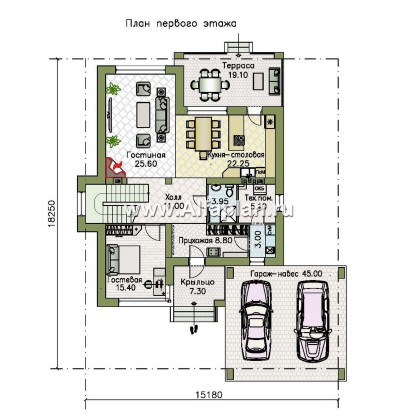 «Престиж» - проект двухэтажного дома, в стиле хай-тек, с террасой и с плоской кровлей, с навесом на 2 авто - превью план дома