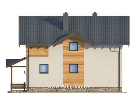 Проект дома из газобетона с мансардой, план с кабинетом на 1 эт, в стиле шале - превью фасада дома