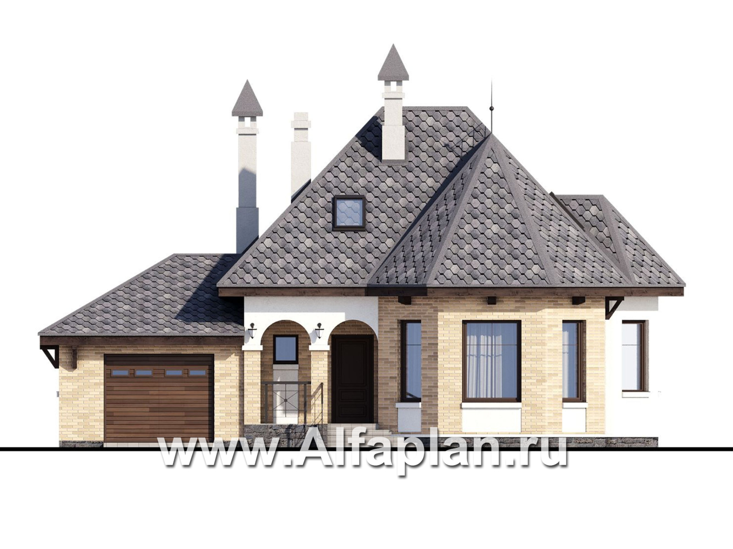Проекты домов Альфаплан - «Душечка» - небольшой дом с мансардой и гаражом - изображение фасада №1
