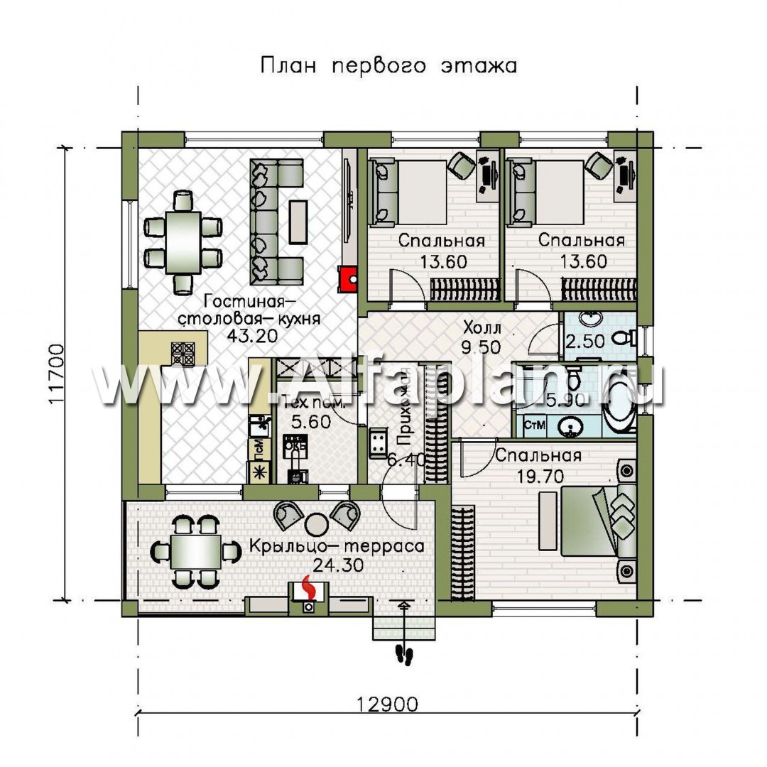 Проекты домов Альфаплан - «Веда» - проект одноэтажного дома с двускатной кровлей (три спальни) - план проекта №1