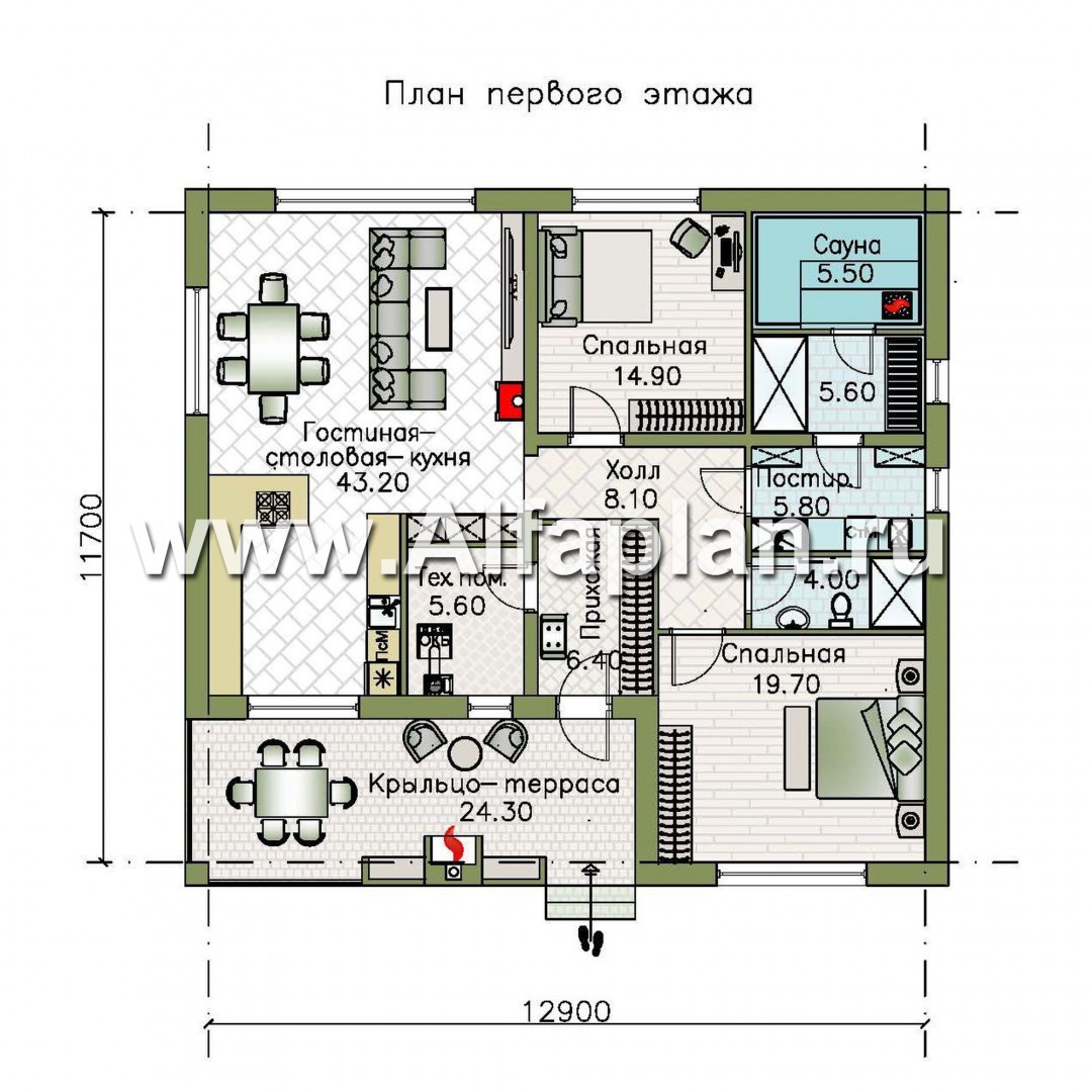 Проекты домов Альфаплан - «Веда» - проект одноэтажного дома с сауной - изображение плана проекта №1
