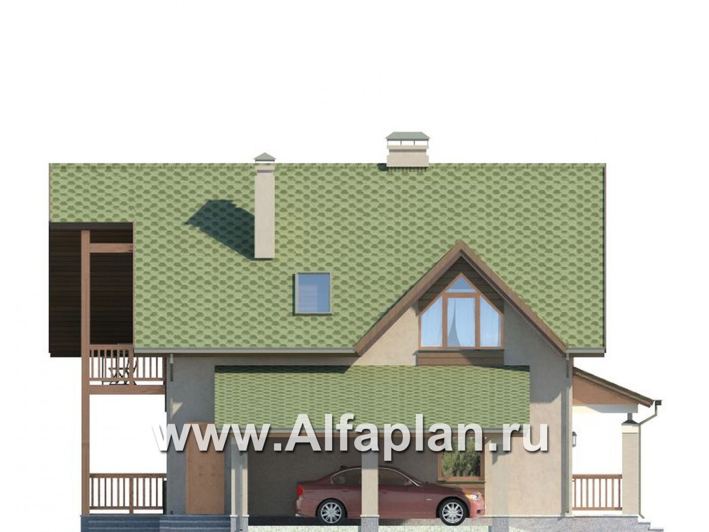 Проекты домов Альфаплан - Проект мансардного дома с навесом для машины - изображение фасада №2