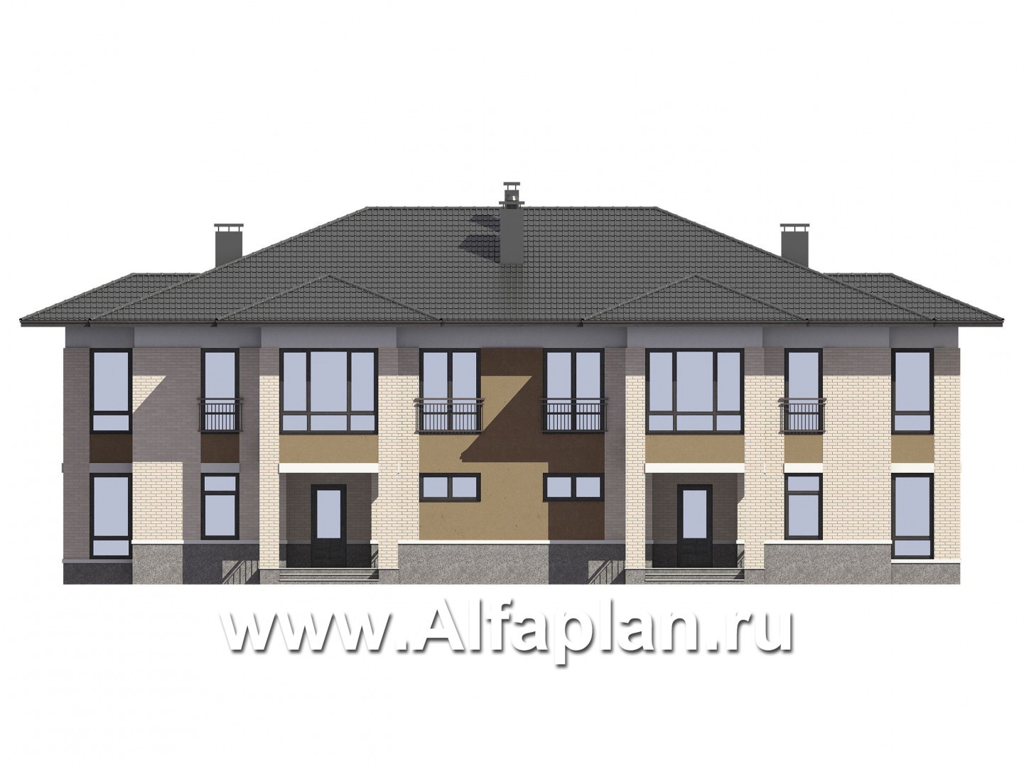 Проекты домов Альфаплан - Проект дома на две семьи с большими террасами-барбекю - изображение фасада №1