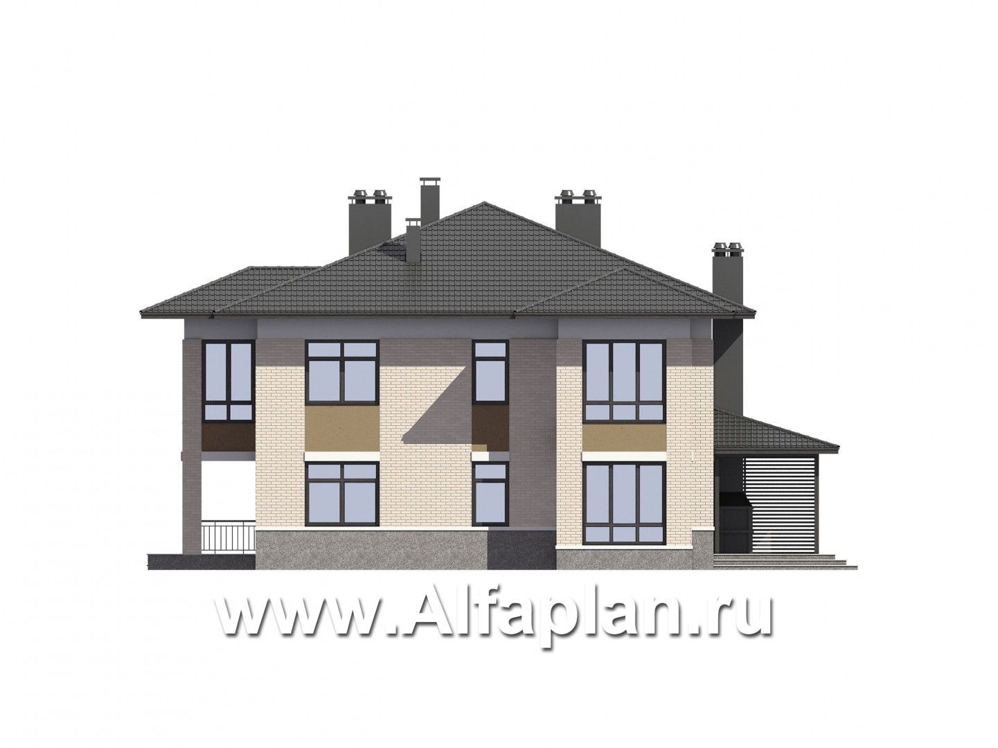 Проекты домов Альфаплан - Проект дома на две семьи с большими террасами-барбекю - изображение фасада №2