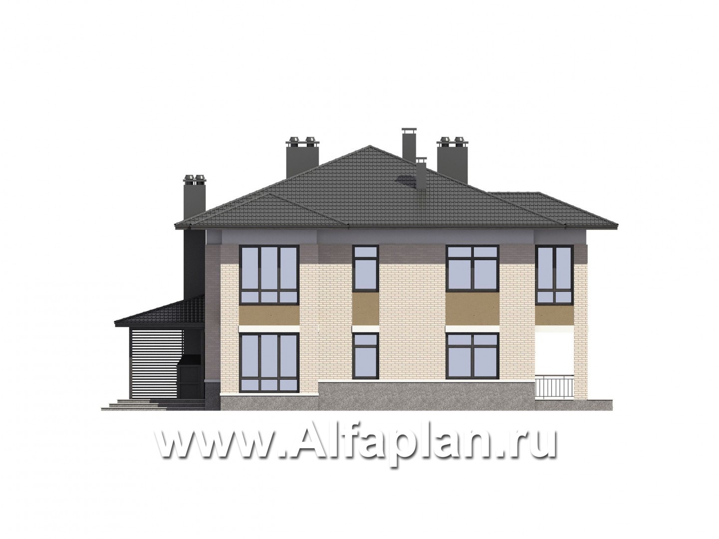 Проекты домов Альфаплан - Проект дома на две семьи с большими террасами-барбекю - изображение фасада №4