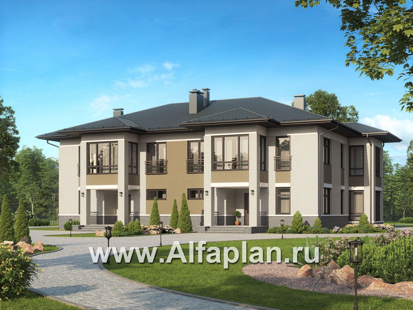 Проекты домов Альфаплан - Проект дома на две семьи с большими террасами-барбекю - основное изображение