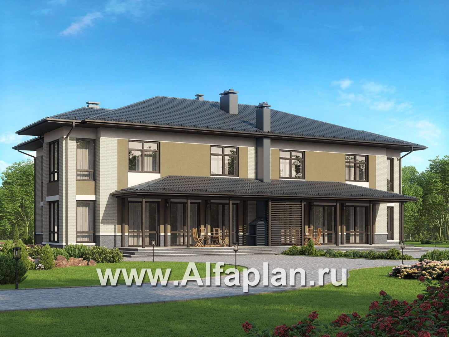 Проекты домов Альфаплан - Проект дома на две семьи с большими террасами-барбекю - дополнительное изображение №1