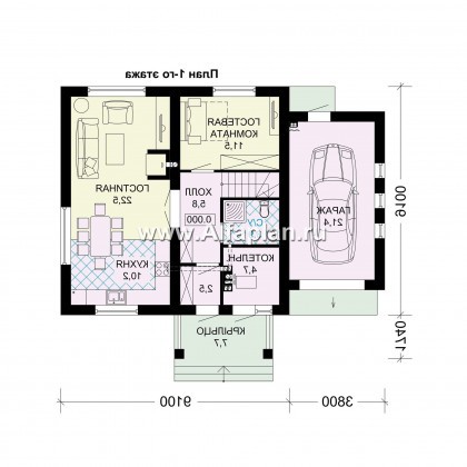 Проект дома с мансардой, 3 спальни, открытая планировка с камином, гостевая комната на 1 эт и гараж на 1 авто - превью план дома
