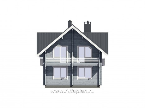 Проект дома с мансардой из бревен, с террасой и с балконом - превью фасада дома