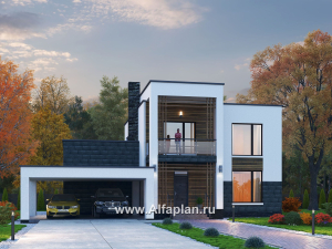 «Футура» - современный двухэтажный дом, с террасой и с плоской крышей, навес на 2 авто, в стиле минимализм