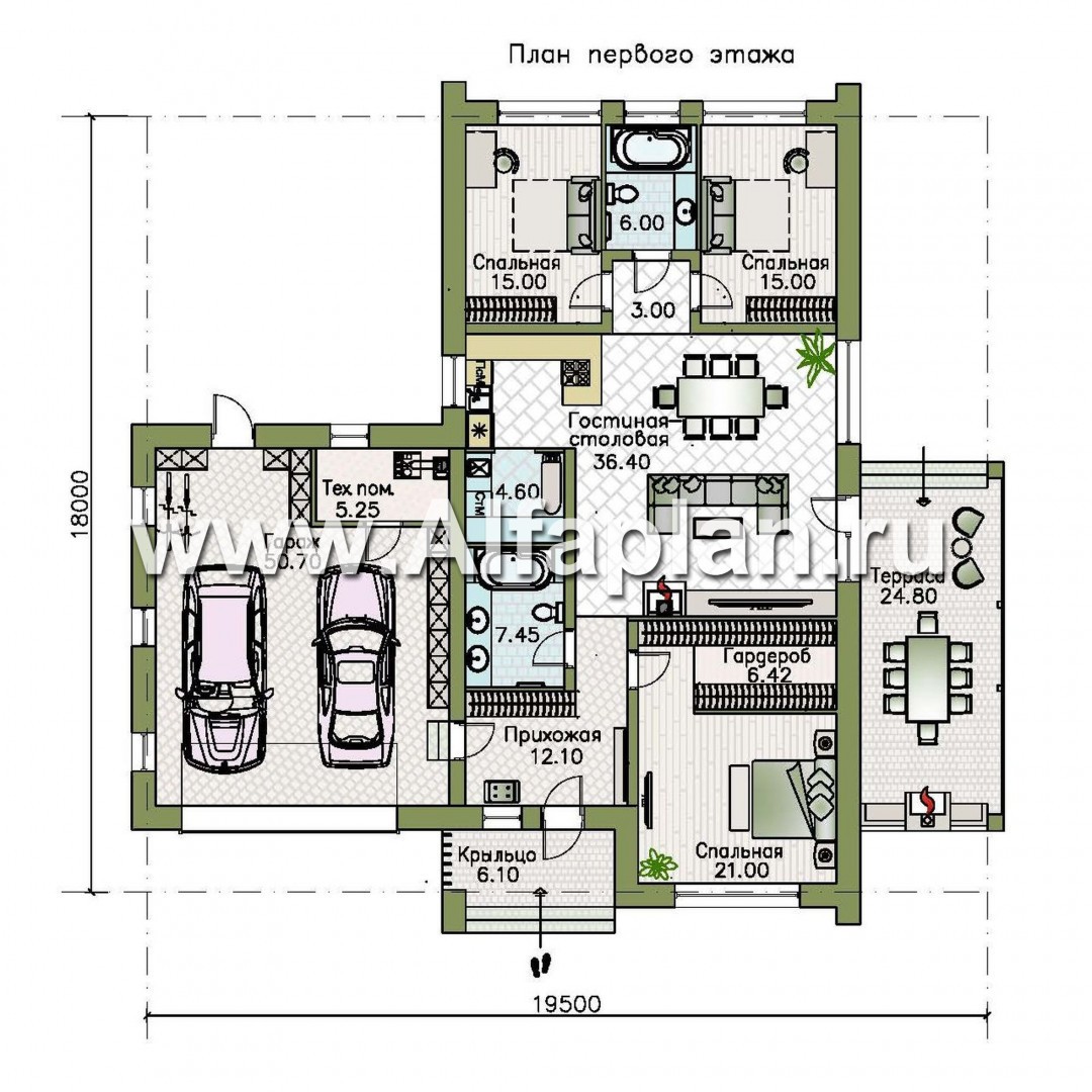 Проекты домов Альфаплан - «Аркада» - современный одноэтажный дом с террасой и большим гаражом - изображение плана проекта №1