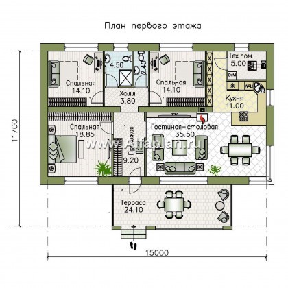 Проекты домов Альфаплан - Проект компактного одноэтажного дома с тремя спальнями - превью плана проекта №1