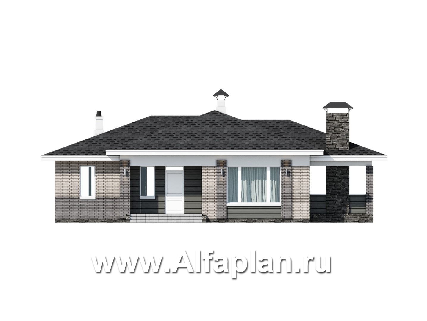 Проекты домов Альфаплан - «Юкон» - проект просторного одноэтажного дома с террасой - изображение фасада №1