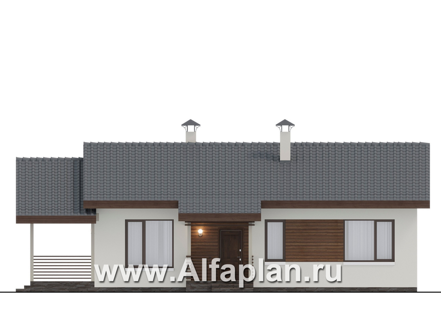 Проекты домов Альфаплан - "Пикколо" - экономичный одноэтажный дом из гзобетонных блоков, с террасой - изображение фасада №1